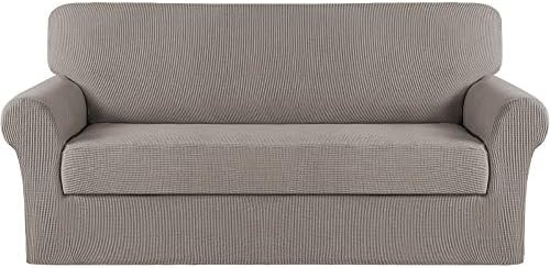 Turquoize Stretch Sofa Slipcover 2 Pieces Sofa Cover Couch Cover for 3 Cushion Couch Washable Furniture Protector Covers with Elastic Bottom Feature Thick Jacquard Fabric (Sofa, Taupe)