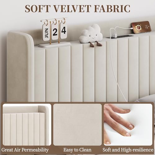 Yaheetech Queen Bed Frame with Channel-Tufted Storage Headboard, Cool Beige