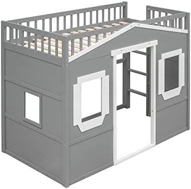 Merax Twin Size Loft Bed with Wardrobe, Space-Saving House Bed Frame with Safety Guard & Ladder for Small Bedroom, Gray+White