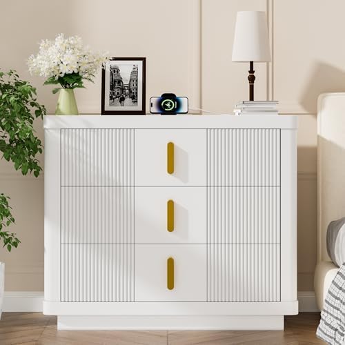 COWMOU White Fluted 3-Drawer Nightstand with Built-in Charging Station