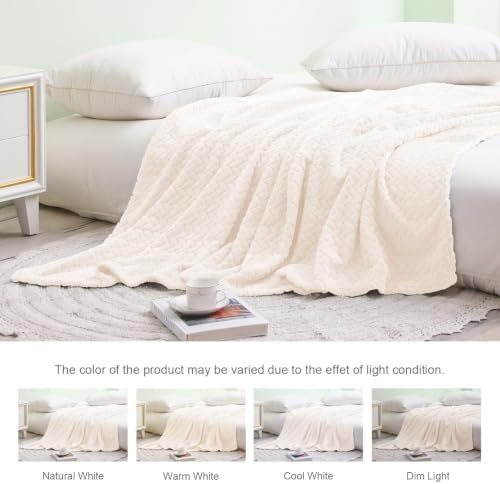 Exclusivo Mezcla Fleece Throw Blanket for Couch Sofa, 50”x70”, Off White