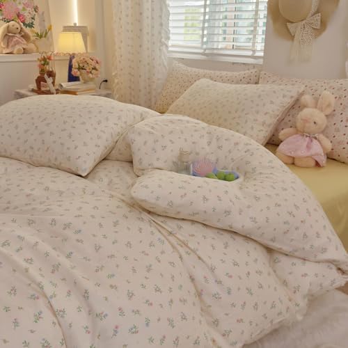 Floral King Duvet Cover Cotton Double Gauze King Comforter Cover with Zipper French Country Rustic Boho Duvet Cover Set with Ties Vintage Girls Bedding Set Soft Duvet Protector