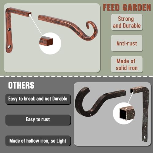 FEED GARDEN Plant Hooks 2 Pack 10 Inch, Solid 10 mm Steel Wall Mounted Hanging Brackets, 48lb Rated, 1.4" Hook Opening, for Bird Feeders Baskets Wind Chimes, Indoor Outdoor Antique Bronze
