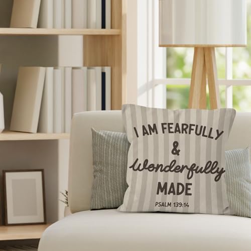 Christian Nursery Throw Pillow Cover 18x18, Bible Verse I Am Fearfully and Wonderfully Decorative Pillow Covers for Kids Nursery Room Bedroom Playroom, Religious Accent Pillows Cover Pillowcases