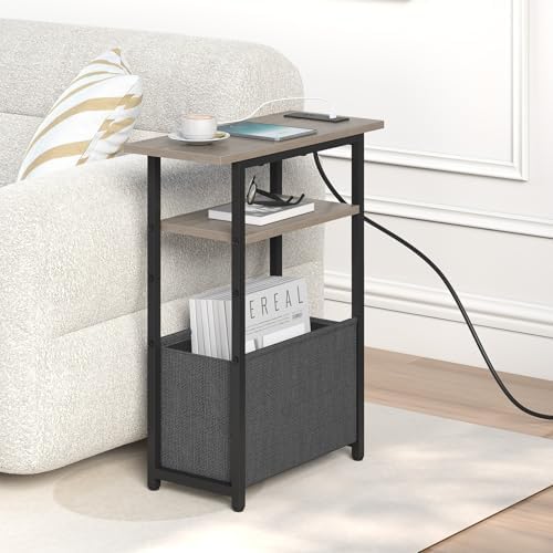 sthmec Narrow Side Table with Charging Station Set of 2, Small End Table for Small Spaces, Skinny Nightstands Set 2 with Storage Basket, 3 Tier Sofa Bedside Tables for Living Room,Bedroom, Grey