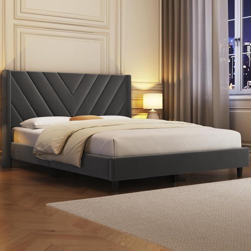 Yaheetech Queen Bed Frame with Chevron Channel-Tufted Headboard, Dark Gray