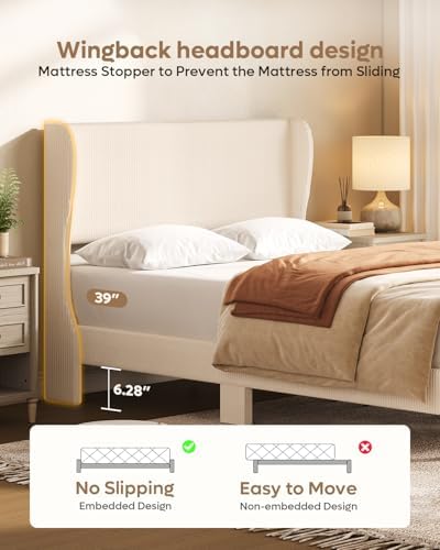 Bestier Full Bed Frame with Wingback Headboard,Upholstered,Beige