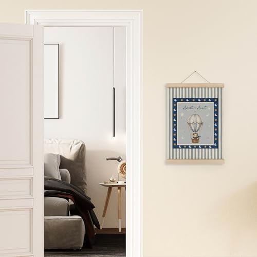 MAQIKA Hot Air Balloon Bear Nursery Poster Framed with Wood Hanger, Boys Room Hanging Wall Decor, Adventure Awaits Classroom Canvas Wall Art Paints for Kids Boys Room Bedroom Playroom, 12x16 Inch