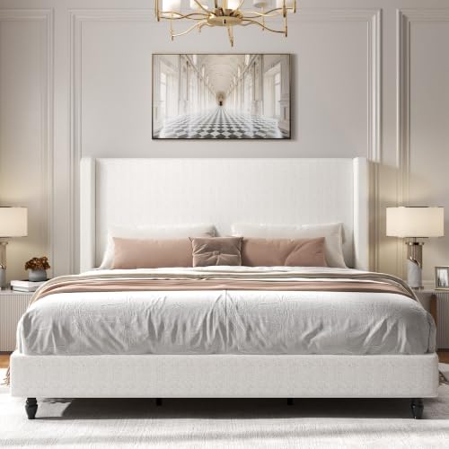 King 54" Tall Headboard Wingback Upholstered Platform Bed Frame Upholstered Bed Frames with Black Wooden Legs No Box Spring Needed Sturdy Metal Frame with Wooden Slats Easy Assembly Beige