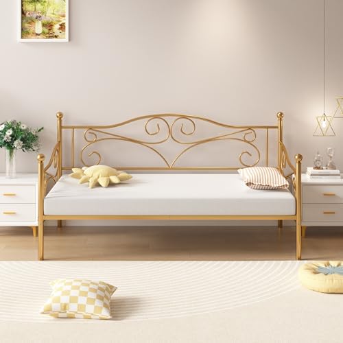 VECELO Twin Size Daybed Frame Metal Sofa Bed Mattress Foundation with Headboard, Heavy-Duty Steel Slat Support for Bedroom Living/Guest Room, Easy Assembly, Gold