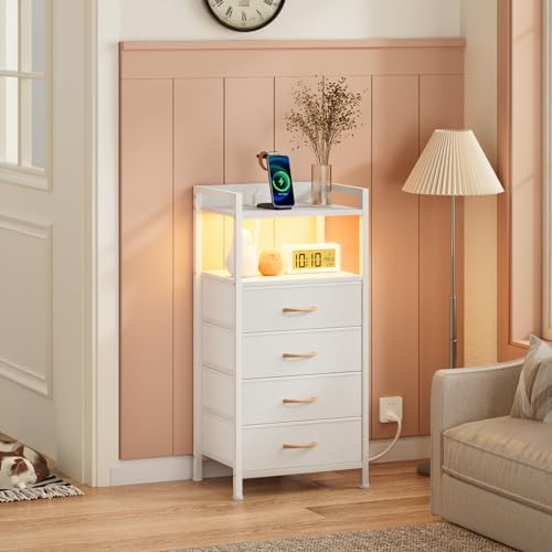 Furnulem White Nightstand with Charging Station,Small Dresser for Bedroom