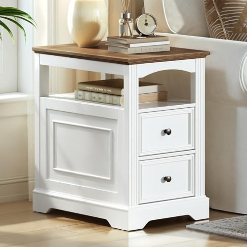 RALGEND Farmhouse End Table with 2 Drawers and Open Shelf, White and Walnut