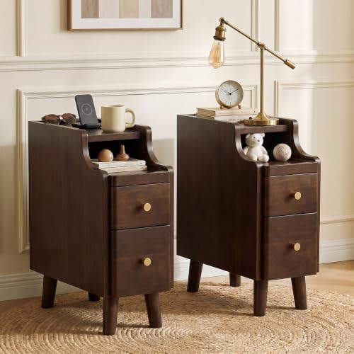 Narrow Nightstand with Drawers Set 2, Pre-Assembled Solid Wood Small Skinny Night Stand with Open Sliding Shelf Slim Bedside Table for Bedroom, Slim Side Table 2, Black Walnut, 8"