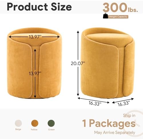 Storage Vanity Stool with Gold Base Comfy Vanity Chair Modern Round Stool for Makeup Vanity Ottoman Foot Rest for Bedroom livingroom, Yellow