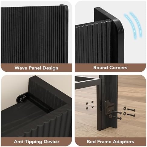 Queen Size Headboard Only, Wood Head Board with Charging Station & LED Lights, Modern Fluted Wall-Mounted Bed Headboards for Bedroom, Height Adjustable, Black