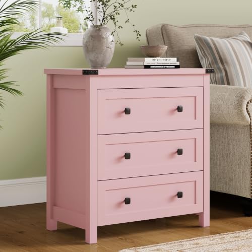Farmhouse Nightstand with 3 Drawers, Wood Bedside Table, Pink