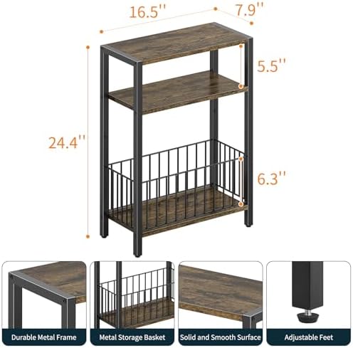 Narrow Side Table with Storage Basket Small End Table for Small Space,Brown