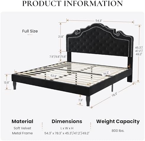SHA CERLIN Full Size Bed Frame with Adjustable Headboard/Velvet Upholstered/Diamond Button Tufted and Metal Studs/No Box Spring Needed/Wood Slat Support/Easy Assembly/Black