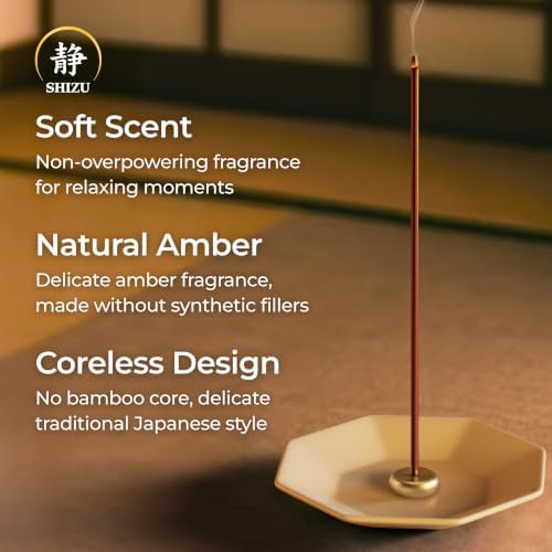 Shizu Mystic Amber Incense Sticks – Artisanal Temple Grade Japanese Incense with Brass Holder – Subtle, Calming Scent for Relaxation, Meditation & Home Spa, Elegant Gift Set (60 Sticks)