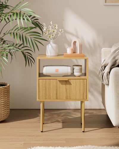 Aienvey Nightstand with One Drawer, Oak Stripe Night Stand and Gold Frame