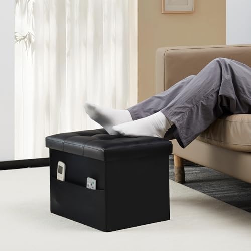 Bsketa Storage Ottoman Bench,17 Inch Folding Leather Foot Rest Stool, Black