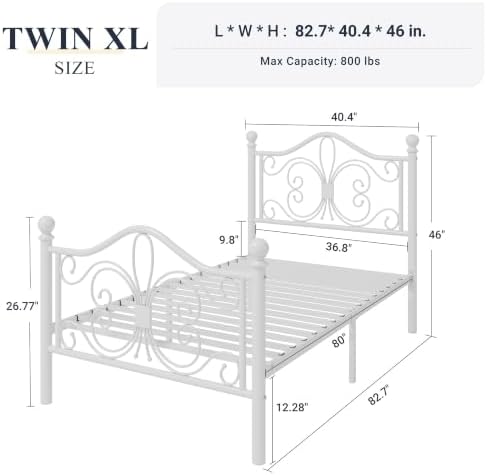 Allewie Metal Twin XL Platform Bed Frame, Butterfly Pattern Design, White