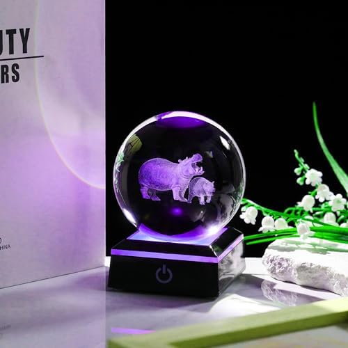 Hippopotamus Gifts for Women 3D Crystal Ball 3.14'' - Laser Hippopotamus Decor Glass Animals Hippo Gifts Figurines Statue Stuff for Room Decorations Hippo Night Light