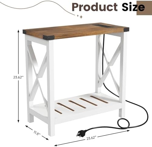 Hadulcet Farmhouse Side Table with Storage Shelf - Narrow End Table with Charging Station, Slim End Tables Living Room, Rustic X-Design Nightstand for Bedroom, Small Space, White & Brown