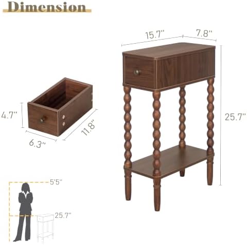 Fultyle Small Narrow Side Table, Skinny Nightstand with Drawer and Shelf
