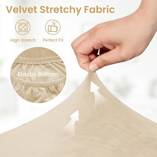 Mid-Century Accent Chair Covers with Cushion Cover Velvet 2 Pieces Upholstered Armchair Slipcovers for Living Room Comfy Sofa Reading Furniture Protector for Apartment Bedroom Office (Beige)