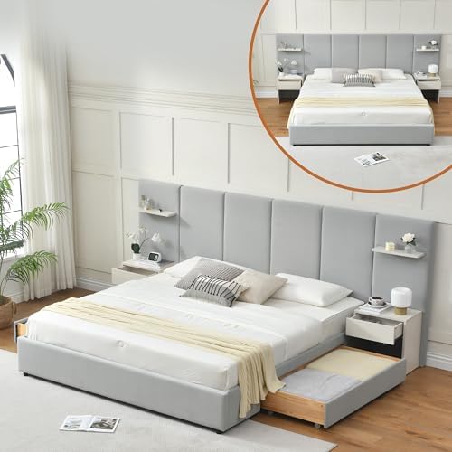 King Size Bed Frame with Storage & Built-in Nightstands & Drawers, Gray