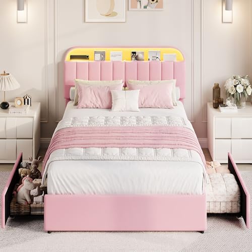 GarveeHome Queen Bed Frame, Platform Bed with Storage Headboard & Drawers