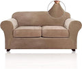 PrinceDeco Velvet Couch Cover Loveseat Covers for 2 Cushion Couch 3 Piece Sofa Covers for Dogs Washable Loveseat Covers Width Up to 72 Inch No Slip Stretch Sofa Slipcover(Medium, Camel)