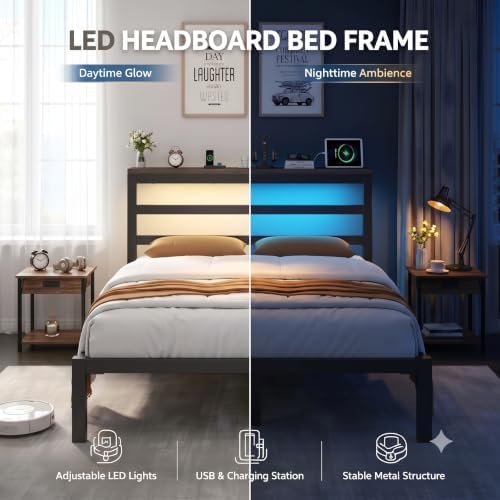 Full Bed Frame with Charging Station and LED Lights Headboard, Black