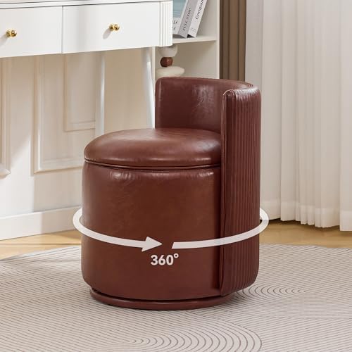 WUTUTUEE Faux Leather Vanity Chair with Storage, 360° Swivel Makeup Chair with Pleated Back, No Assembly Small PU Accent Stool for Bedroom, Dressing Room, Living Room, Brown