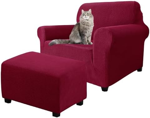 2 Piece Stretch Chair and Ottoman Cover Set, Jacquard Accent Armchair and Foot Stool Slip Cover, Non-Slip Slipcover for Chair with Footrest (Wine,2 Pieces Set)