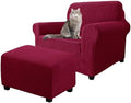 2 Piece Stretch Chair and Ottoman Cover Set, Jacquard Accent Armchair and Foot Stool Slip Cover, Non-Slip Slipcover for Chair with Footrest (Wine,2 Pieces Set)