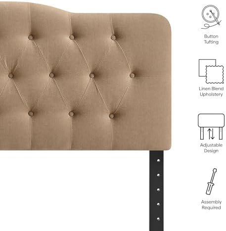 Modway Annabel Premium Linen Blend Full Headboard in Almond - Soft Fabric Headboard Only with Diamond Button Tufting and 7 Height-Adjustable Positions