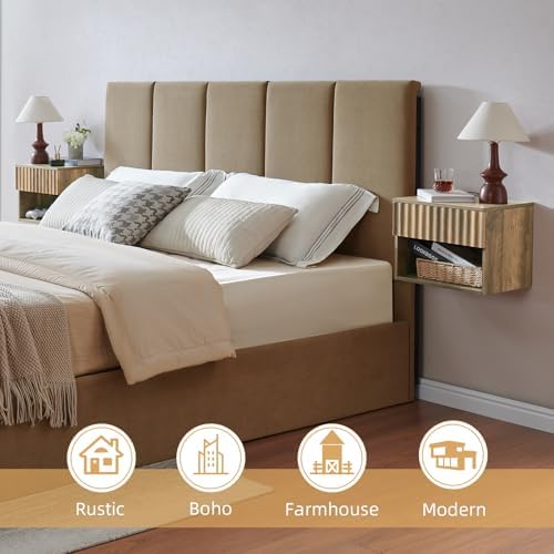 BuildHom Floating Nightstand with Fluted Drawer, Bedside Table