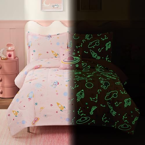 Full Size Comforter Sets for Girls-4 Pieces Pink Glow in the Dark Bedding