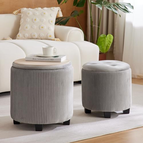 BLEXA Tufted Ottoman Set of 2 Large Round Velvet Storage Ottoman Gray