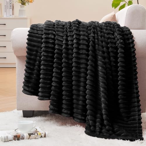 BEDELITE Ribbed Jacquard Black Fleece Throw Blanket for Couch, 50x60 Inch