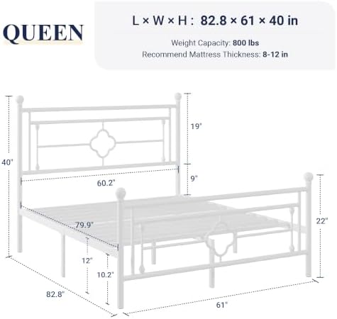 Allewie Queen Size Metal Platform Bed Frame, Victorian Headboard, White