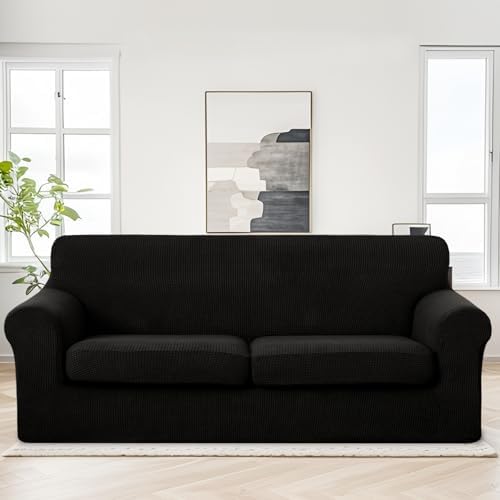 U-NICE HOME 3 Pieces Stretch Couch Cover Sofa Slipcover, Black