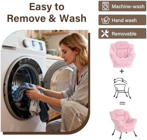 Welnow Lazy Chair with Ottoman, Reading Chair with Footrest, Soft Pink