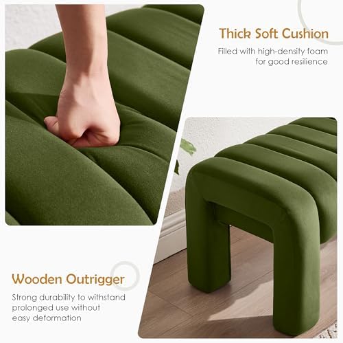 63" Bedroom Bench, Upholstered Entryway Bench, Modern End of Bed Ottoman with Solid Wood Legs and Adjustable Foot Pegs for Entryway, Dining Room and Living Room (Green Velvet)
