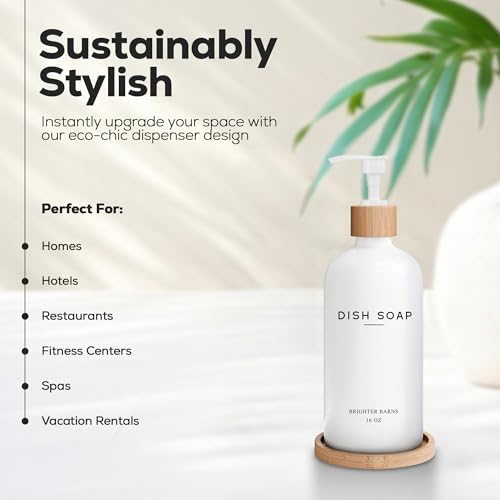 White Glass Dish Soap Dispenser for Kitchen Sink by Brighter Barns - Kitchen Soap Dispenser Set with Tray - Bamboo Pump Bottle - Neutral Minimalist Home Decor in RV, Office, Home, Airbnb, Gift (White)