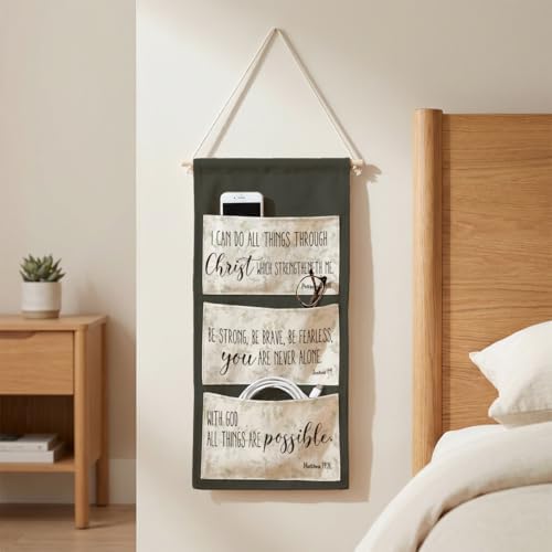 IAXIC Canvas Wall Hanging Organizer with Pockets Fish Extender Hanging Pouch Bible Verses Door Closet Organizers Fabric Storage Pockets Wall Decoration