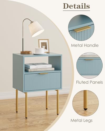 Aienvey Nightstand with One Drawer, Blue Stripe Night Stand and Gold Frame