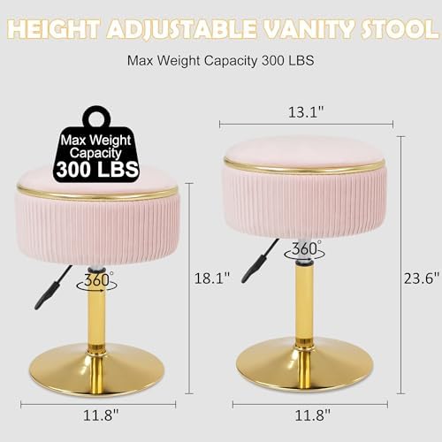 Adjustable Vanity Stool, Velvet Makeup Stool with Storage Pink